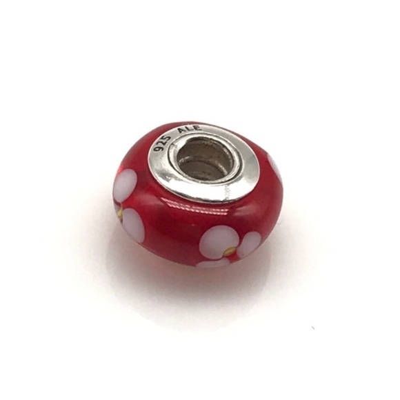 Pandora Red White Flower Murano Glass Retired Bead Charm - Picture 3 of 4